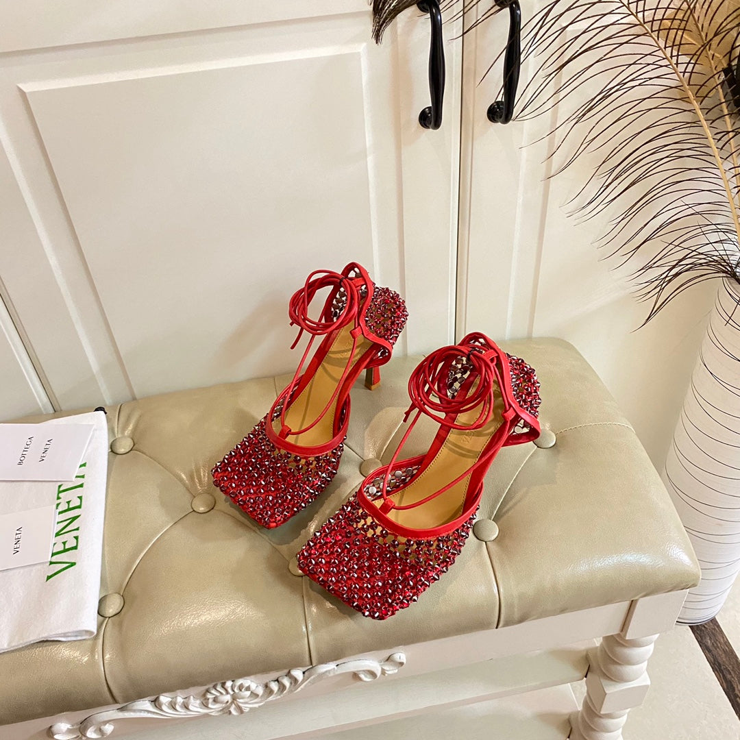 LACE-UP SANDAL IN CRIMSON RED METALLIZED MESH AND LEATHER WITH RHINSTONES 9 CM