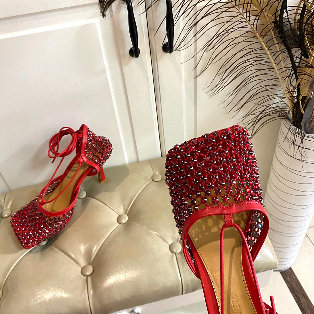 LACE-UP SANDAL IN CRIMSON RED METALLIZED MESH AND LEATHER WITH RHINSTONES 9 CM