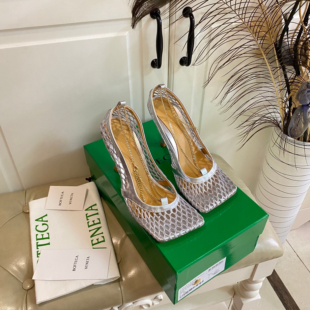 STRETCH LACE-UP SANDAL IN SILVER METALLIZED MESH AND LEATHER 9 CM