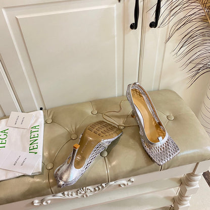 STRETCH LACE-UP SANDAL IN SILVER METALLIZED MESH AND LEATHER 9 CM
