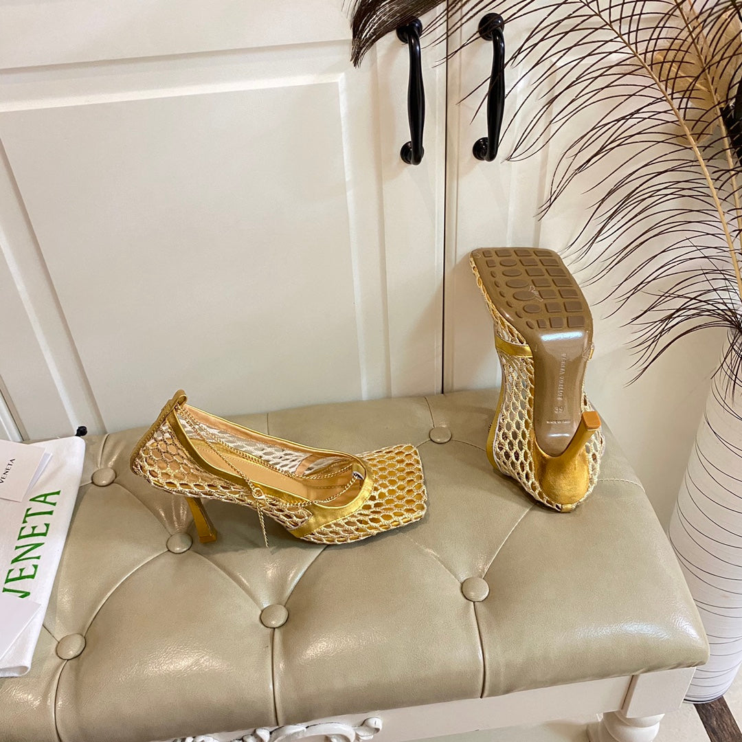 STRETCH LACE-UP SANDAL IN GOLD METALLIZED MESH AND LEATHER 9 CM