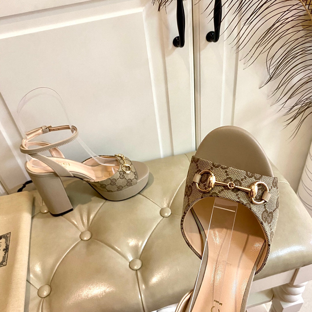 GG HORSEBIT PLATFORM SANDAL IN KHAKI BEIGE MONOGRAM CANVAS AND SHEEPSKIN LINING