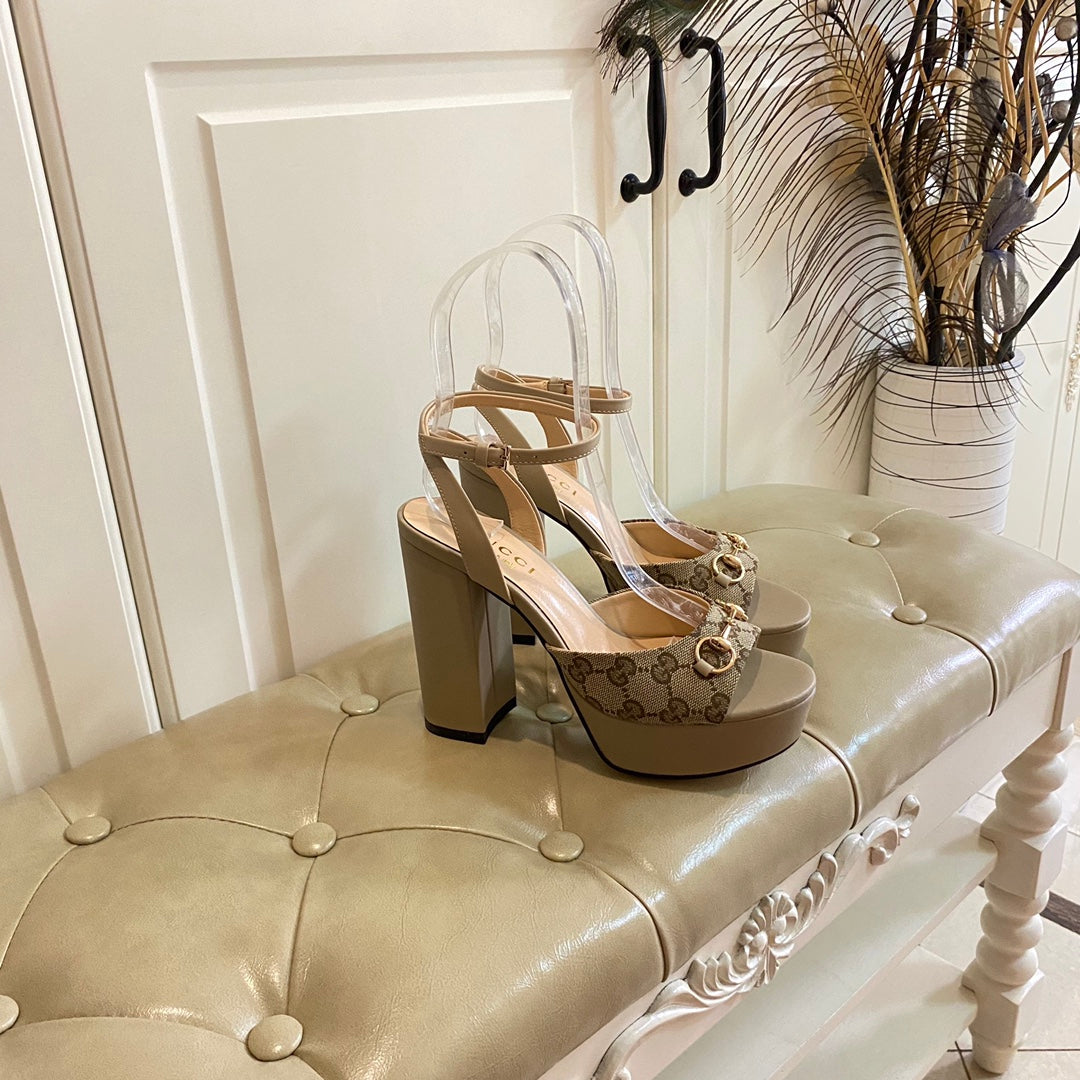 GG HORSEBIT PLATFORM SANDAL IN KHAKI BEIGE MONOGRAM CANVAS AND SHEEPSKIN LINING