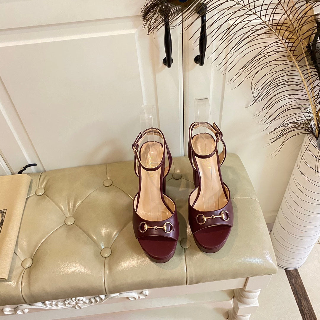 GG HORSEBIT PLATFORM SANDAL IN WINE RED SHEEPSKIN