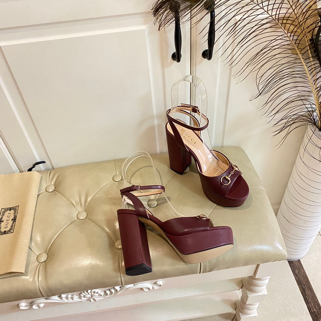 GG HORSEBIT PLATFORM SANDAL IN WINE RED SHEEPSKIN