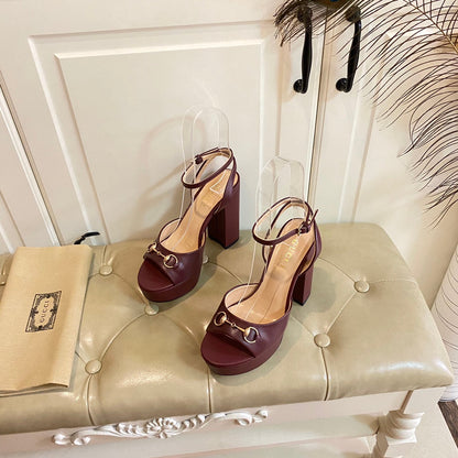 GG HORSEBIT PLATFORM SANDAL IN WINE RED SHEEPSKIN