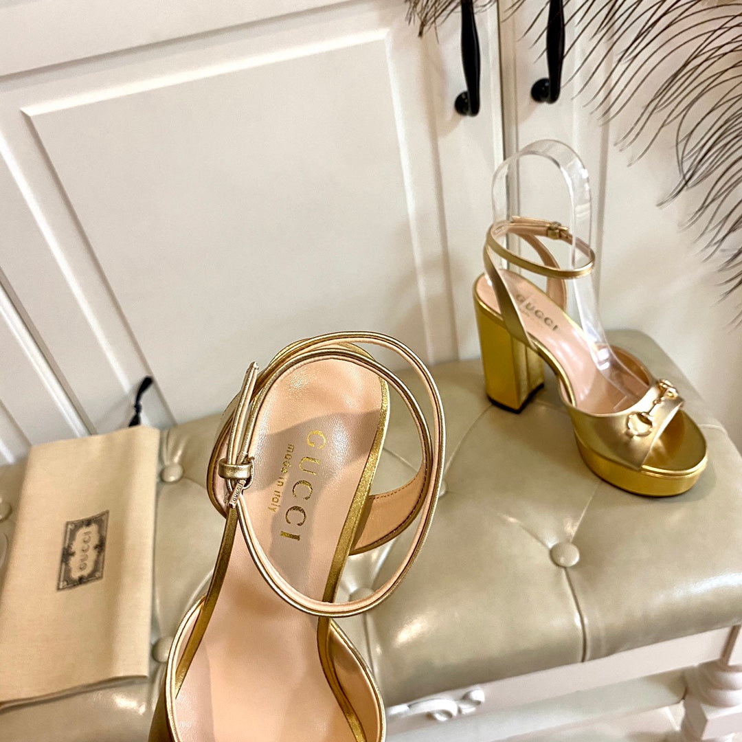 GG HORSEBIT PLATFORM SANDAL IN GOLD YELLOW SHEEPSKIN