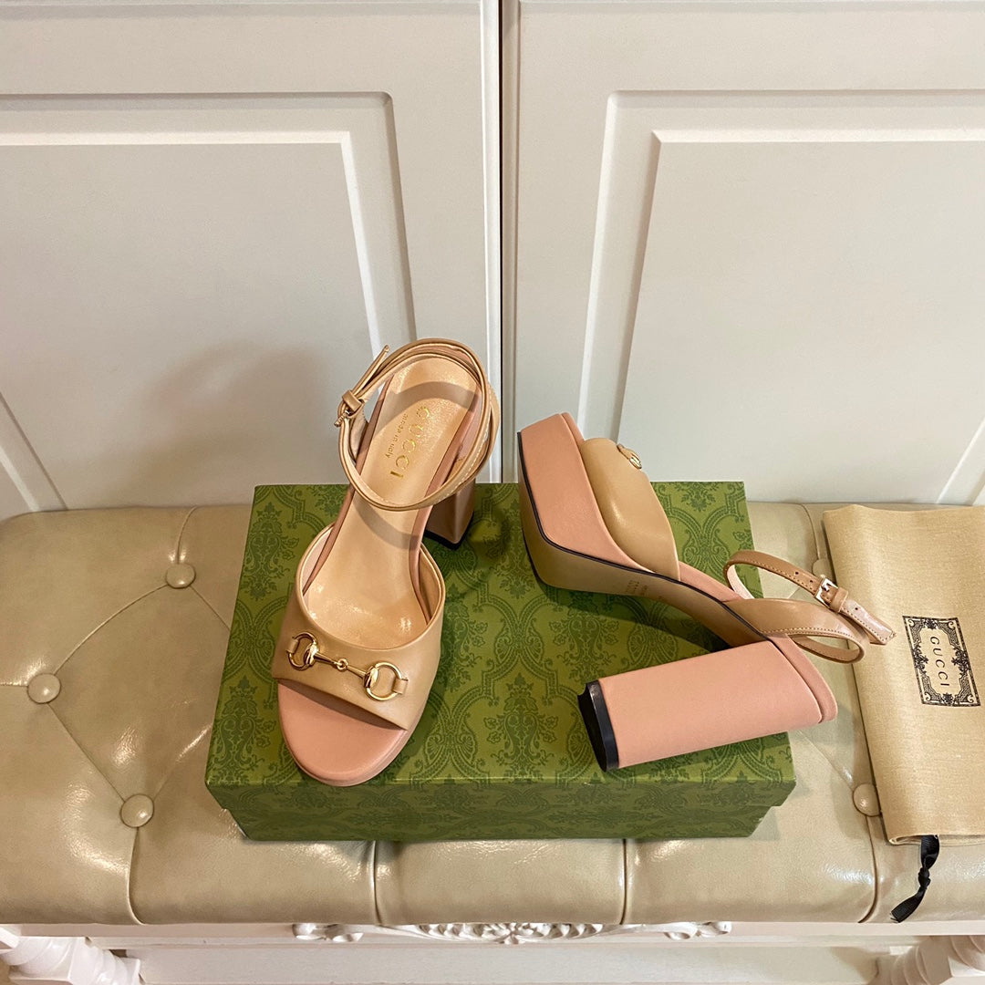 GG HORSEBIT PLATFORM SANDAL IN WHEAT BEIGE MIX LIGHT PINK SHEEPSKIN