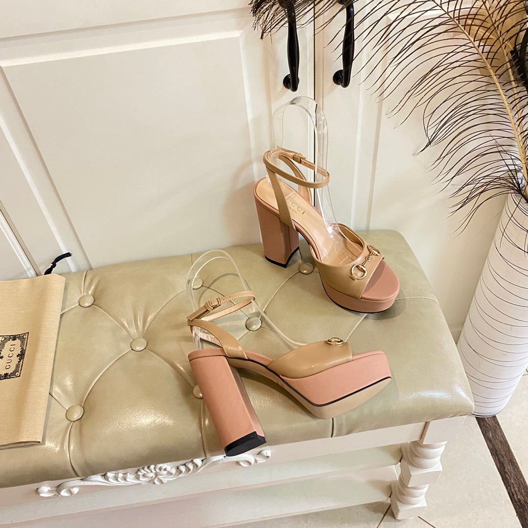 GG HORSEBIT PLATFORM SANDAL IN WHEAT BEIGE MIX LIGHT PINK SHEEPSKIN