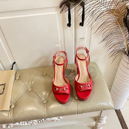 GG HORSEBIT PLATFORM SANDAL IN SCARLET RED SHEEPSKIN
