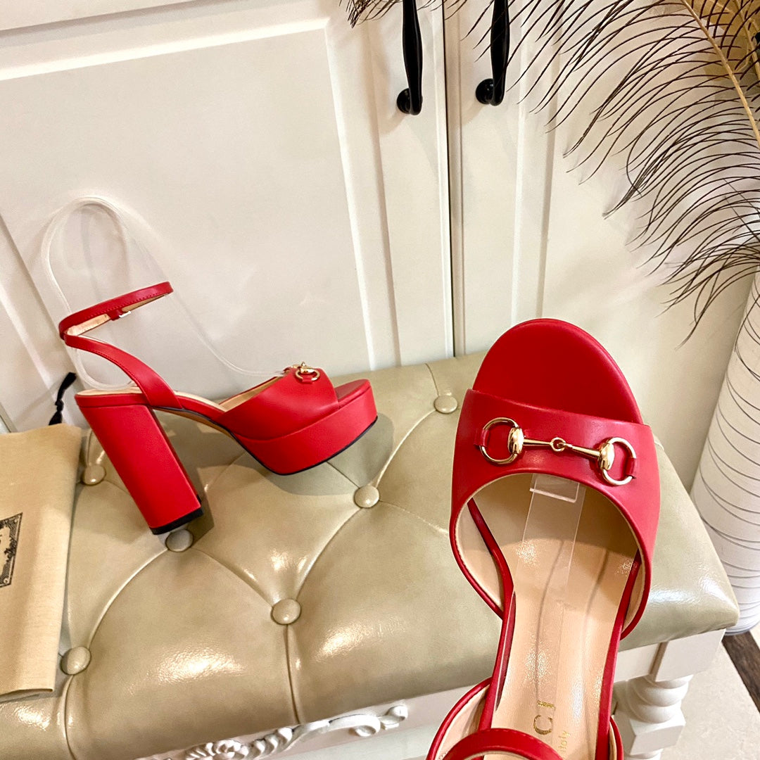 GG HORSEBIT PLATFORM SANDAL IN SCARLET RED SHEEPSKIN