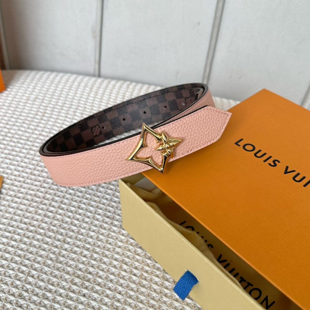 LV FLOWERGRAM 30MM REVERSIBLE BELT IN LIGHT PINK CALFSKIN GOLD HARDWARE