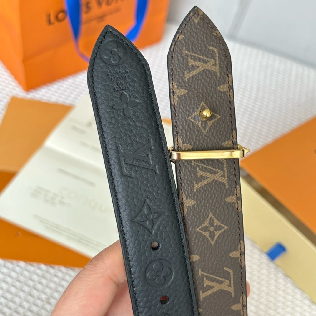 LV FLOWERGRAM 30MM REVERSIBLE BELT IN BLACK EMBOSSED CALFSKIN GOLD HARDWARE