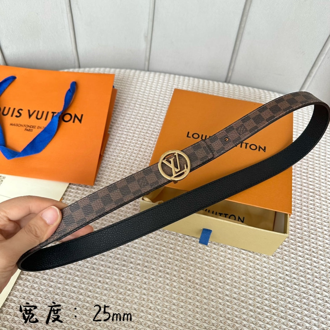LV CIRCLE 25MM REVERSIBLE BELT IN BROWN DAMIER CALFSKIN GOLD HARDWARE