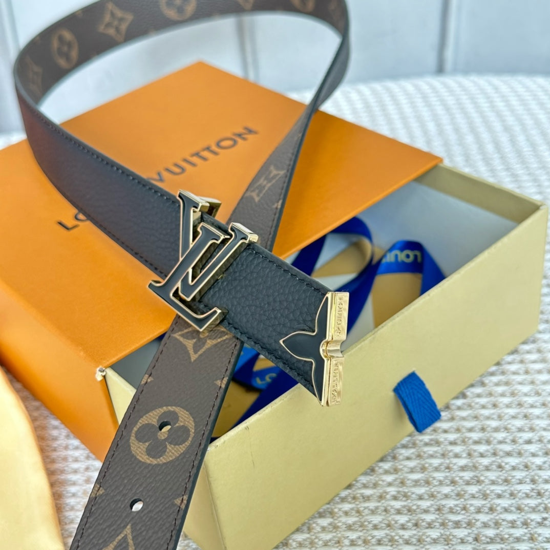 Pretty LV 30mm Reversible Belt Black Gold Buckle Black Brown Leather