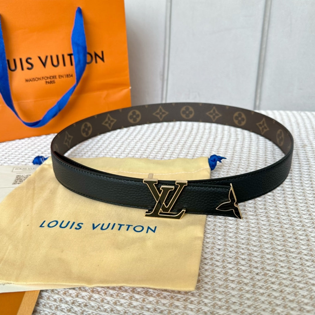 Pretty LV 30mm Reversible Belt Black Gold Buckle Black Brown Leather
