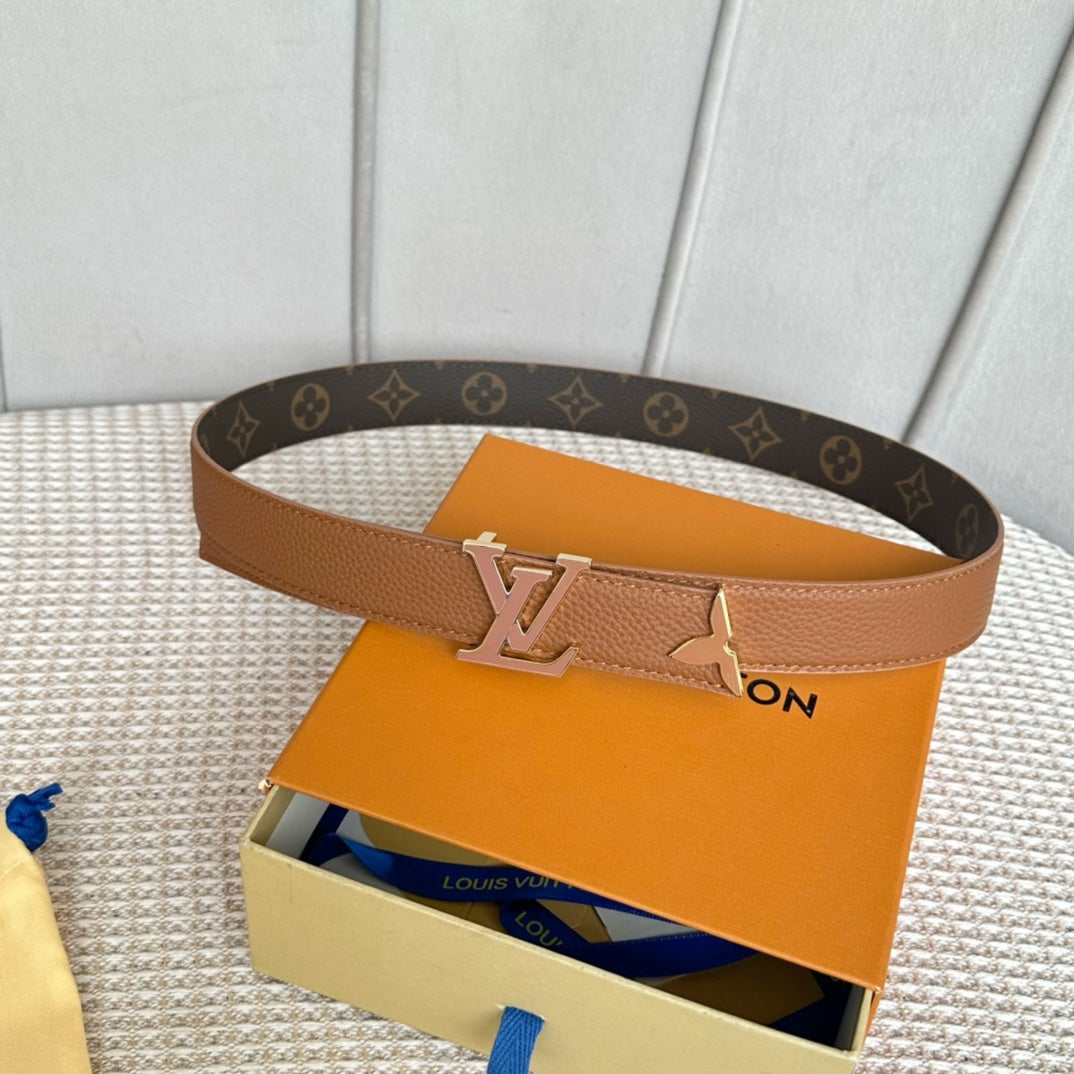 Pretty LV 30mm Reversible Belt Tan Gold Buckle Tan Brown Leather