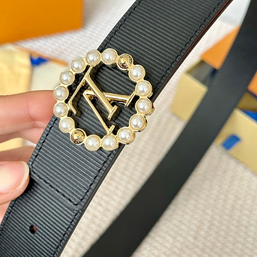LV CIRCLE PEARL 35MM REVERSIBLE BELT IN BLACK CALFSKIN GOLD HARDWARE