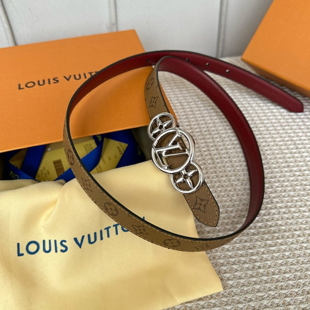 LV S-LOCK BELT 20 MM BROWN MONOGRAM AND AUBURN RED CALFSKIN SILVER HARDWARE