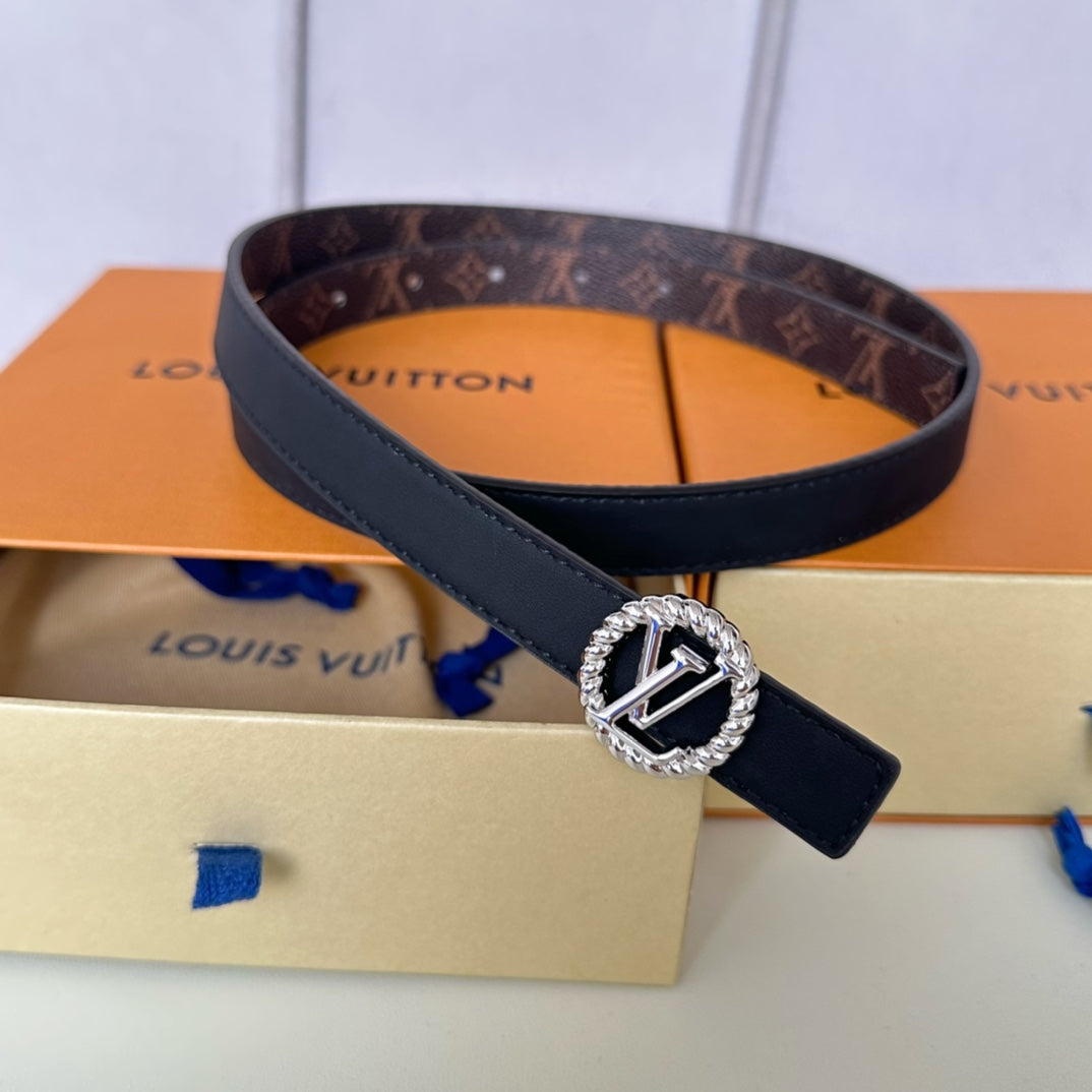 LV Circle Nautical 20mm Reversible Square End Tip Belt Silver Buckle Navy Blue Brown lambskin