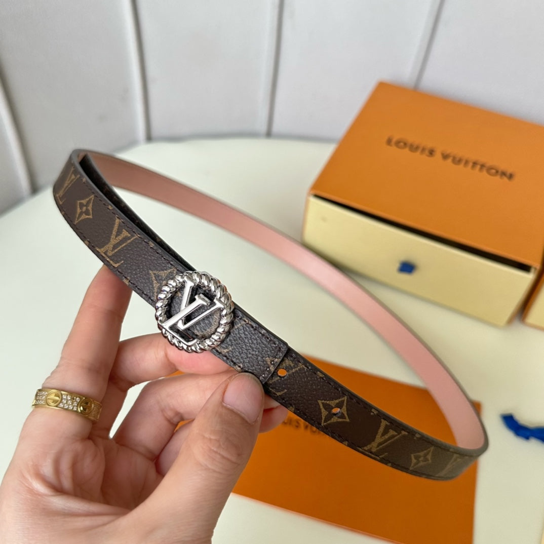 LV Circle Nautical 20mm Reversible Belt Silver Buckle Pink Brown Lambskin