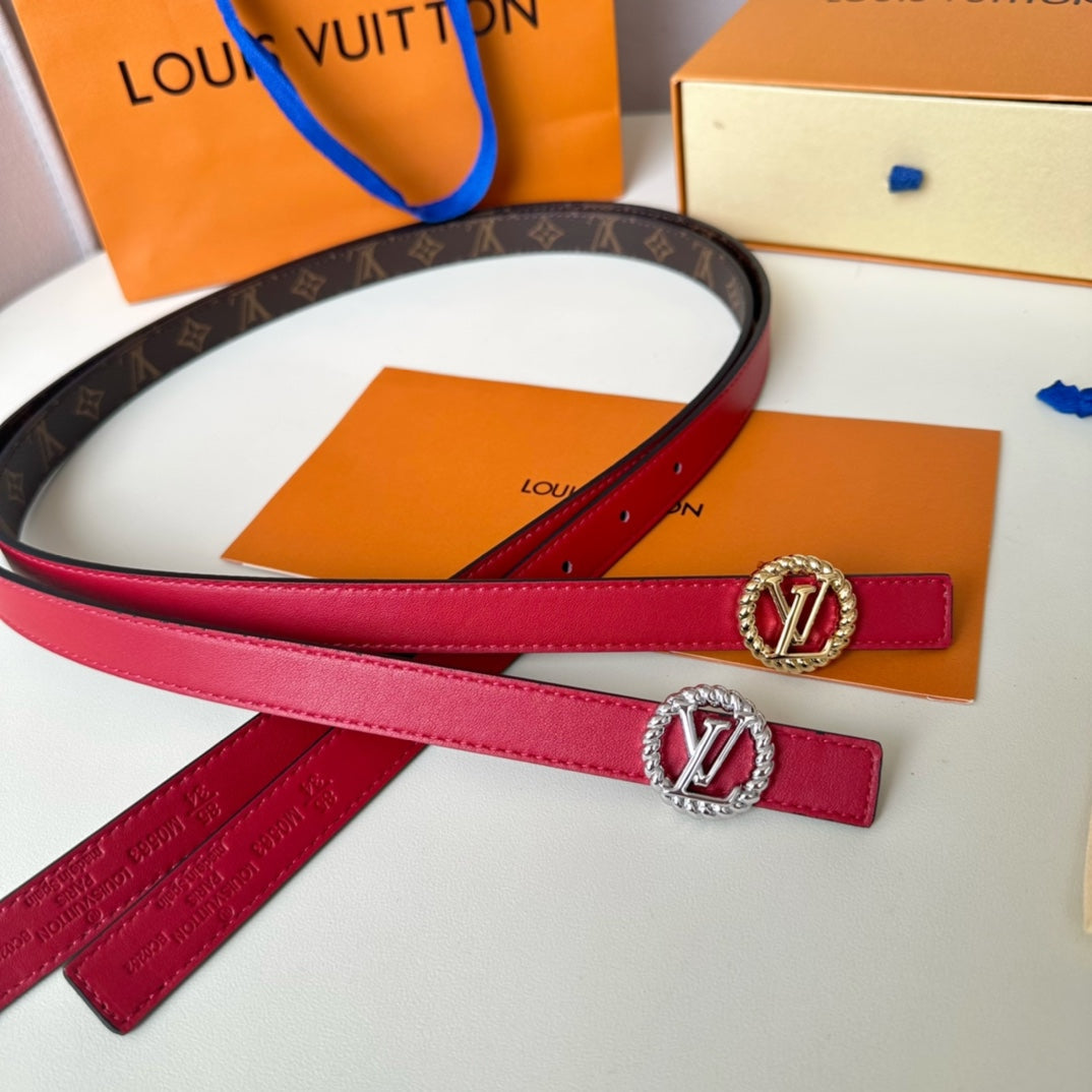 LV Circle Nautical 20mm Reversible Belt Gold Buckle Red Brown Lambskin