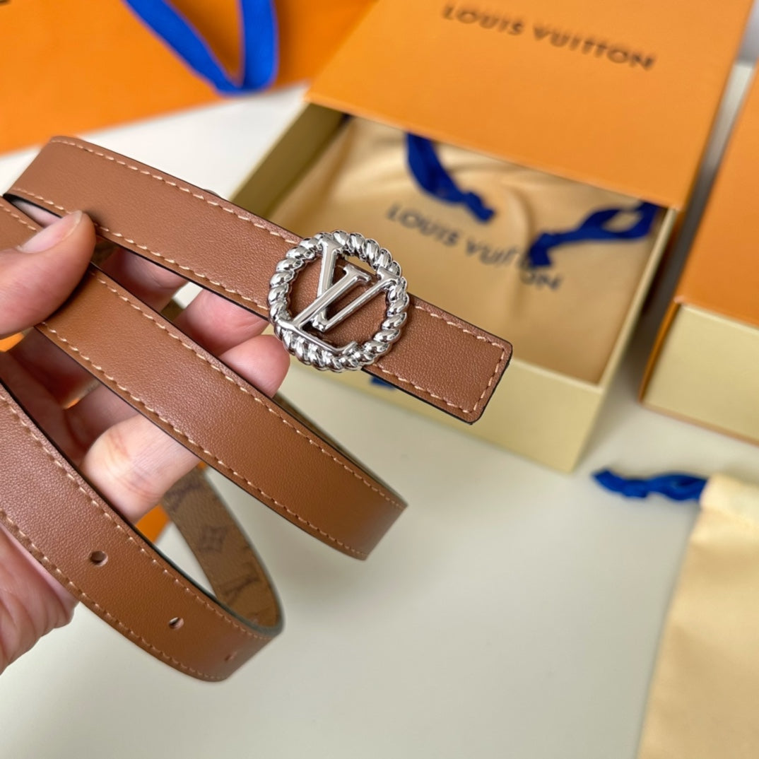 LV Circle Nautical 20mm Reversible Square End Tip Belt Silver Buckle Tan Light Brown lambskin