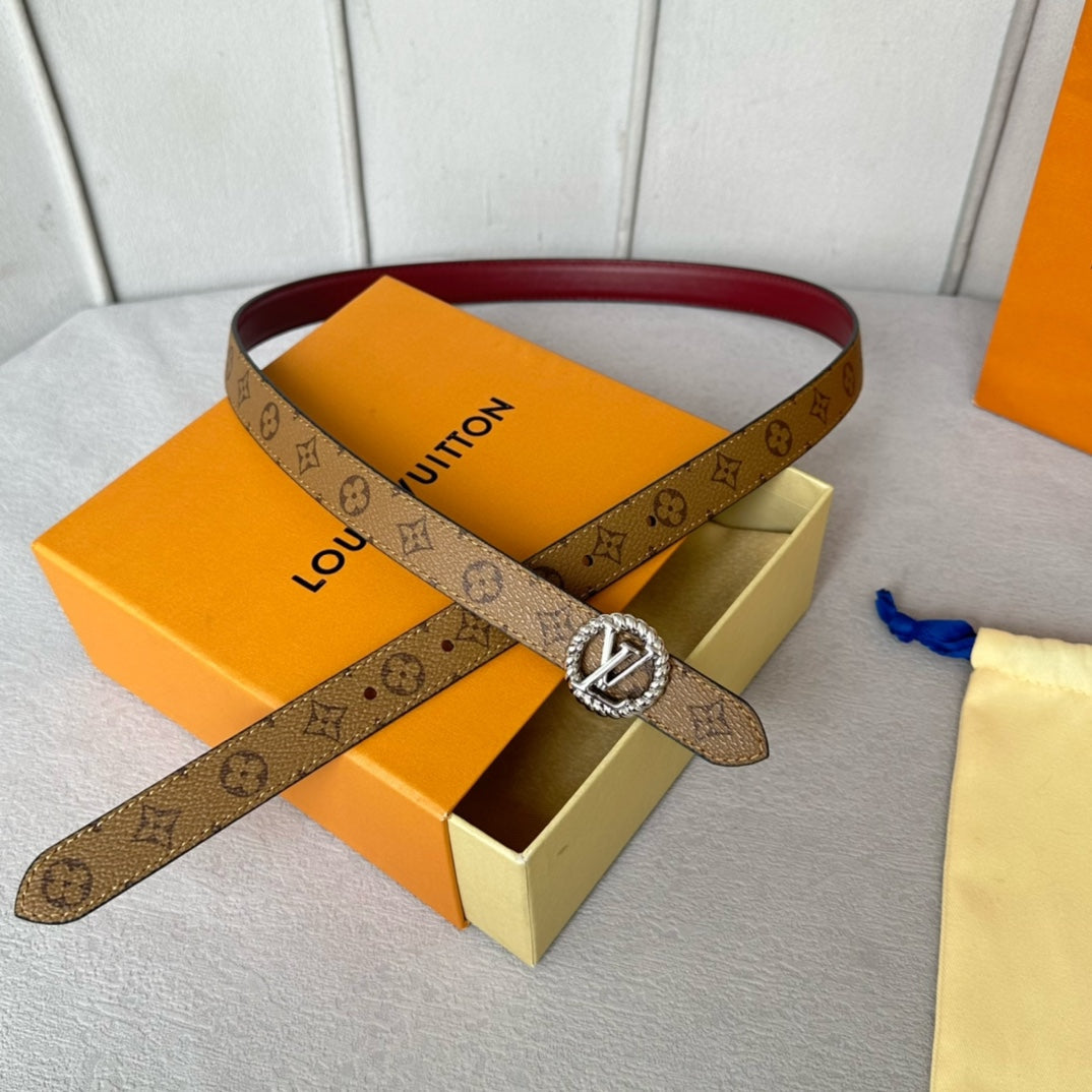 LV Circle Nautical 20mm Reversible Belt Silver Buckle Burgundy Light Brown Lambskin
