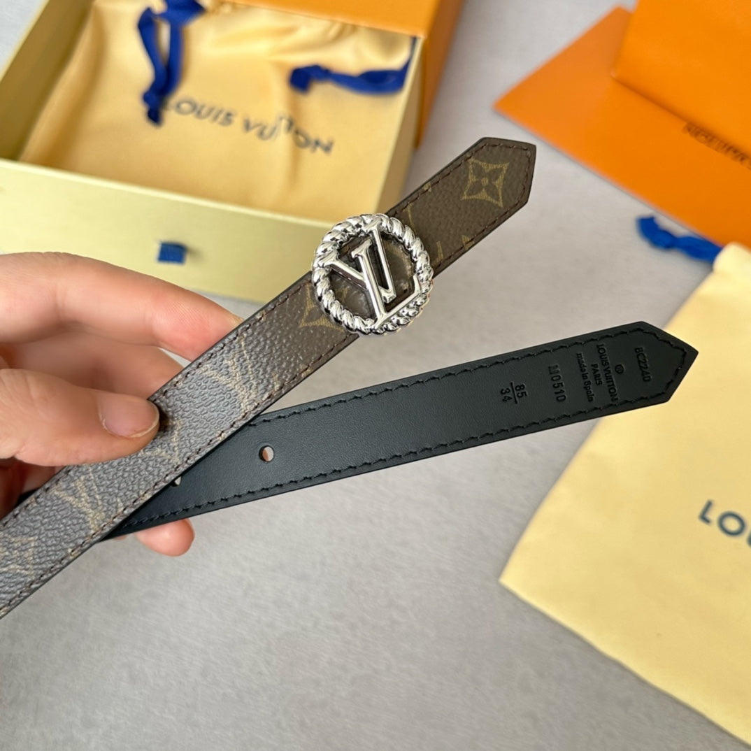 LV Circle Nautical 20mm Reversible Belt Silver Buckle Black Brown Lambskin