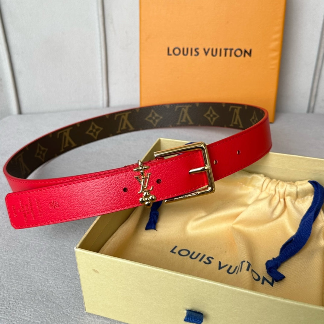 LV Bloom 30mm Belt Gold Buckle Red Brown Leather