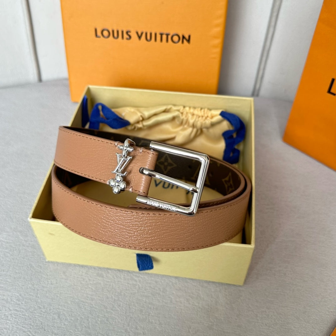 LV Bloom 30mm Belt Silver Buckle Beige Brown Leather