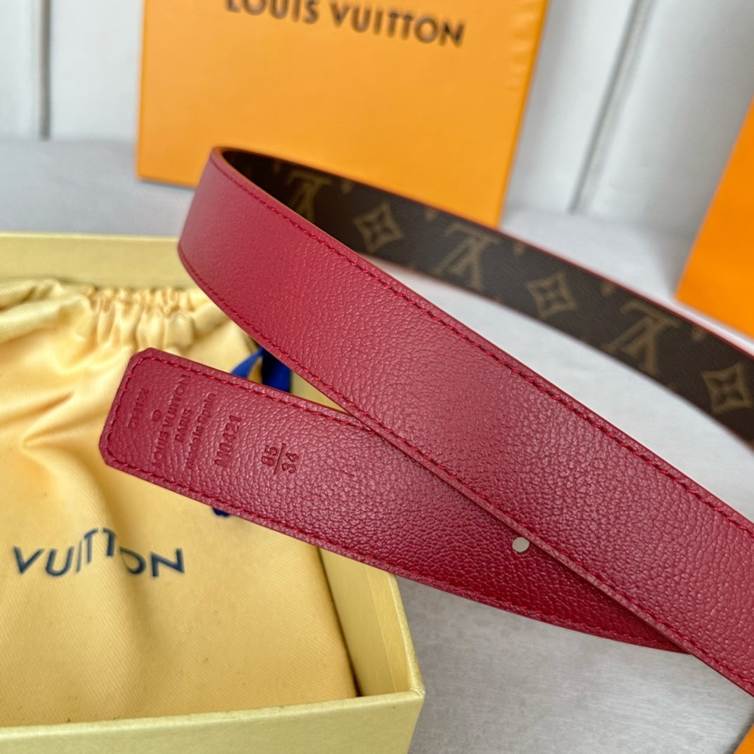 LV Bloom 30mm Belt Silver Buckle Burgundy Brown Leather