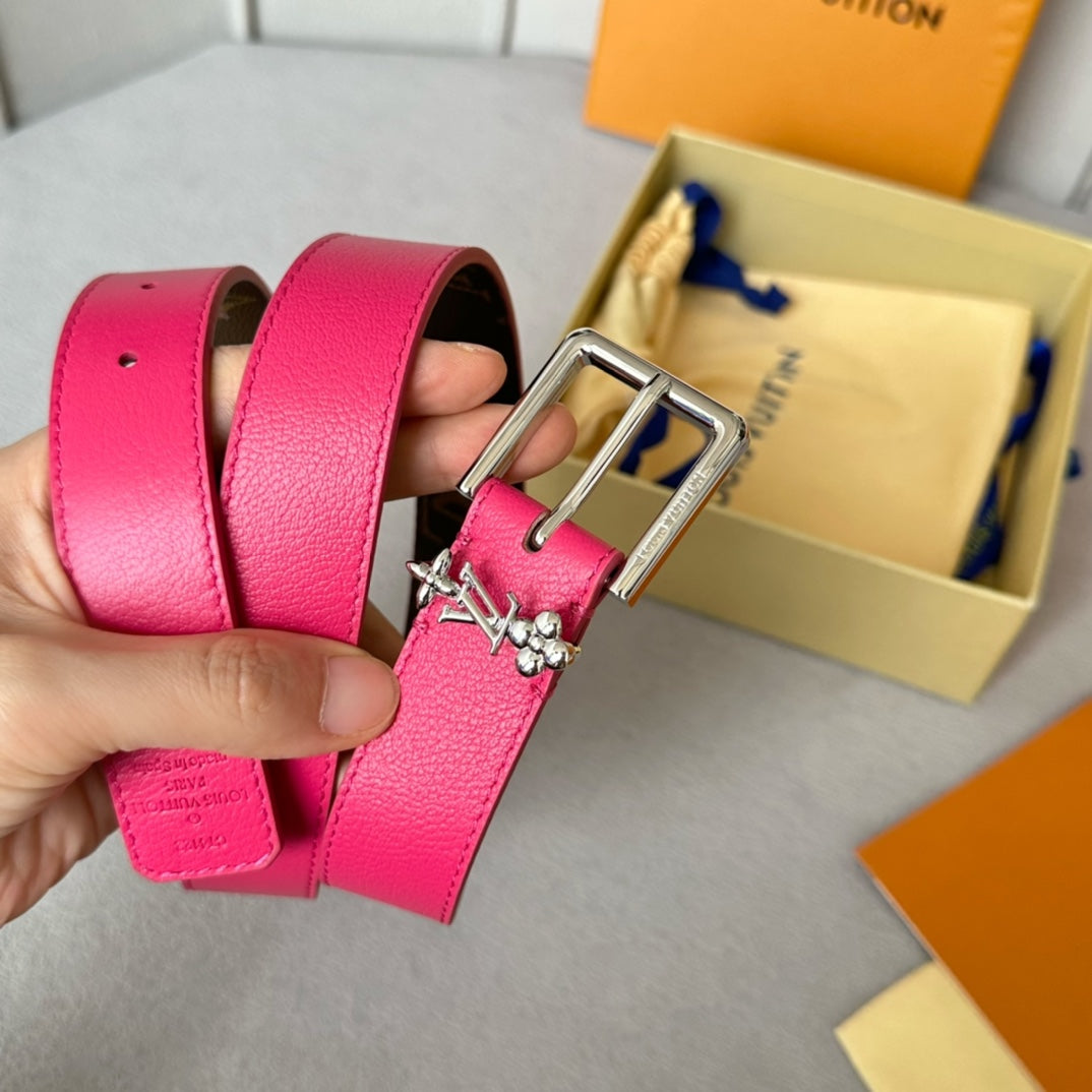 LV Bloom 30mm Belt Silver Buckle Hot Pink Brown Leather