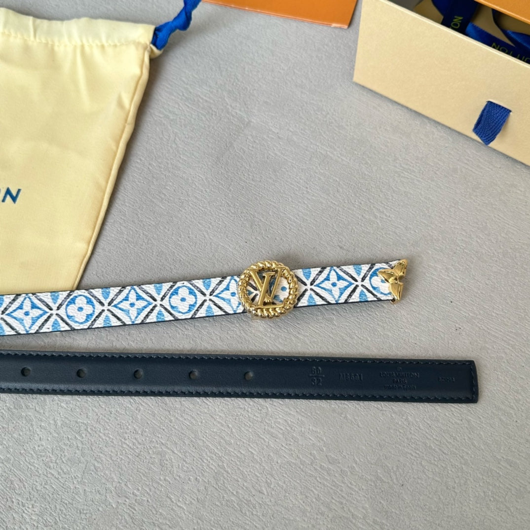 LV Circle Nautical 20mm Reversible Belt Gold Buckle Black White Blue Lambskin