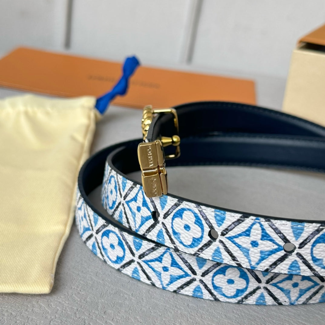 LV Circle Nautical 20mm Reversible Belt Gold Buckle Black White Blue Lambskin