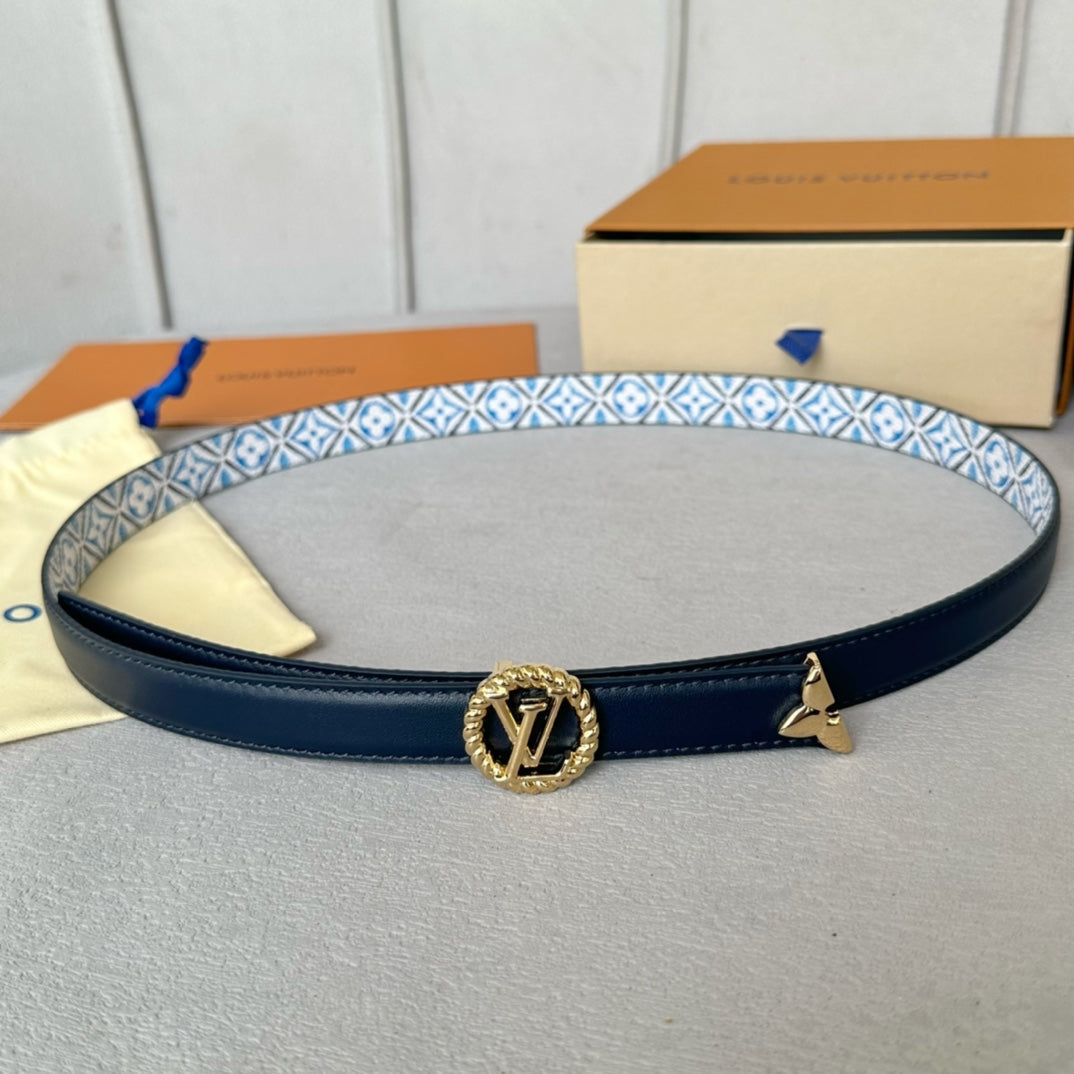 LV Circle Nautical 20mm Reversible Belt Gold Buckle Black White Blue Lambskin