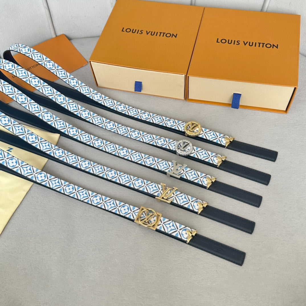 Pretty LV 20mm Reversible Belt Silver Buckle Black White Blue Leather