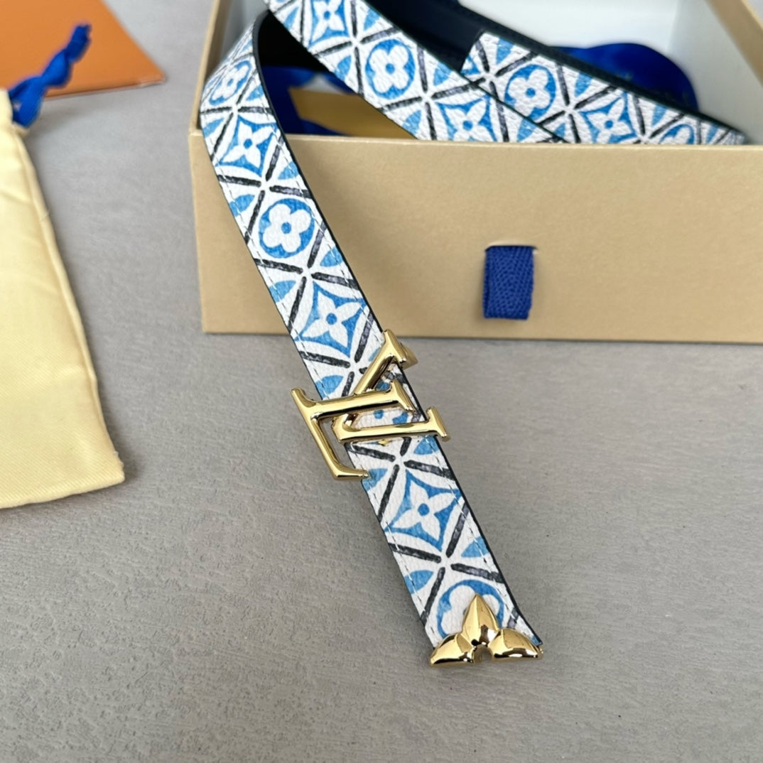 Pretty LV 20mm Reversible Belt Gold Buckle Black White Blue Leather