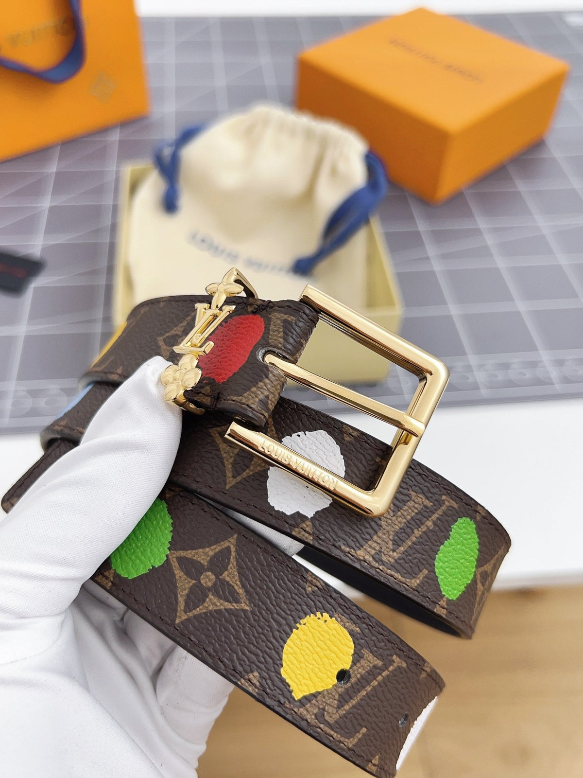 LV Bloom 30mm Mutilcolor Belt Gold Buckle Black Brown Leather