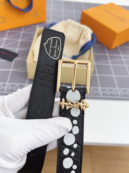 LV Bloom 30mm Belt Gold Buckle Black White Leather