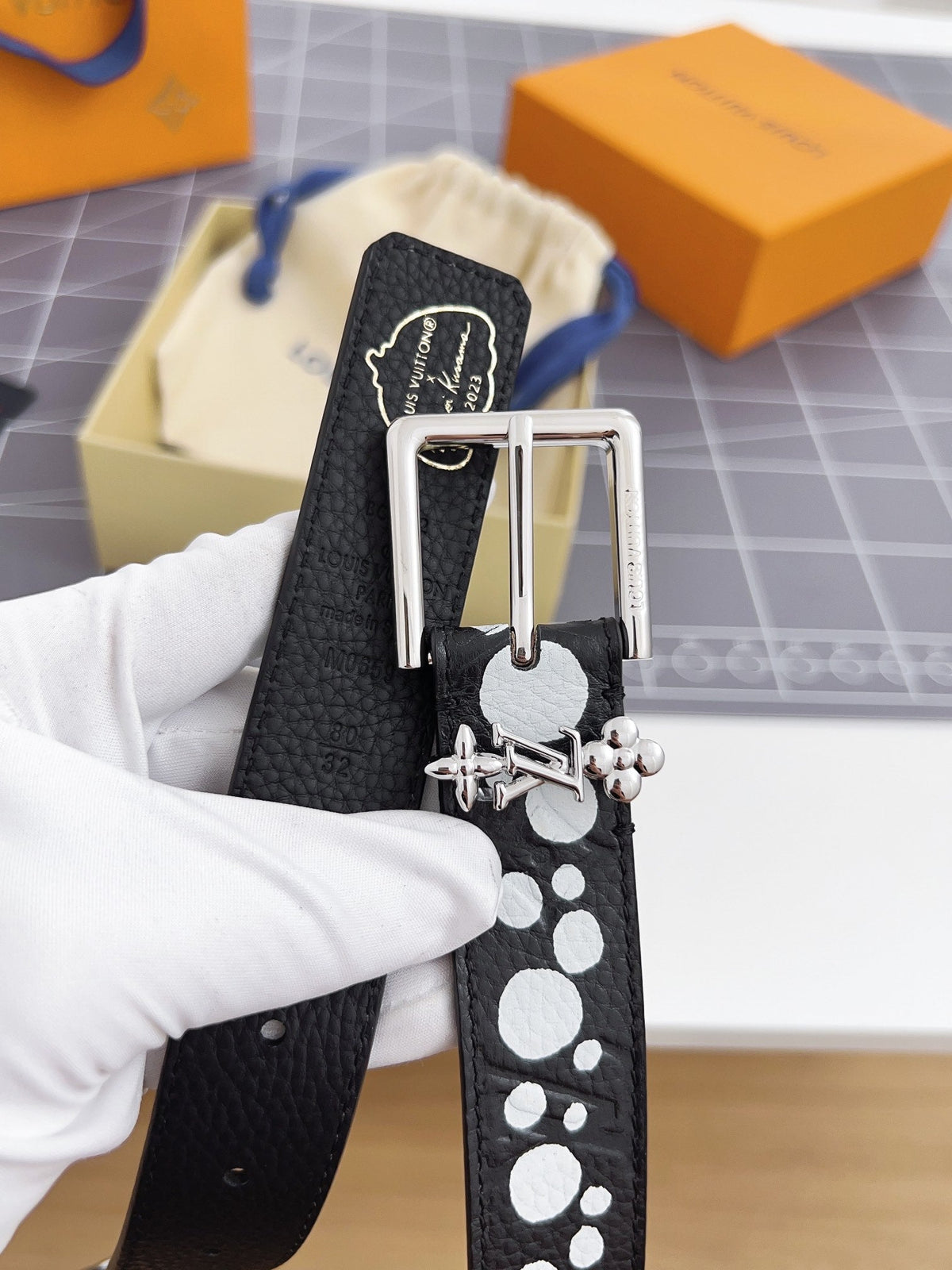 LV Bloom 30mm Belt Silver Buckle Black White Leather