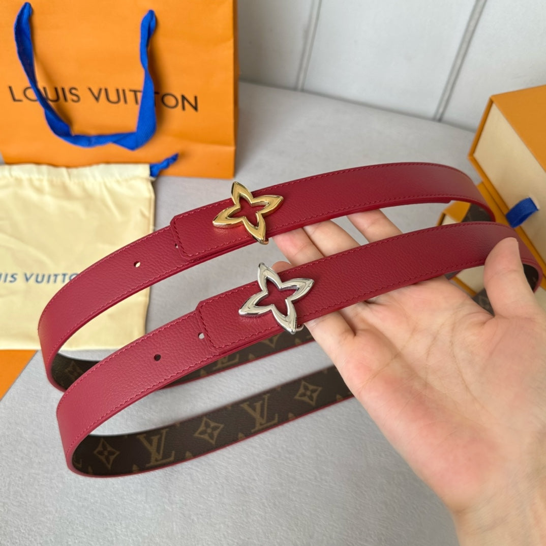 LV Flowergram 30mm Reversible Belt Silver Buckle Burgundy Brown Leather