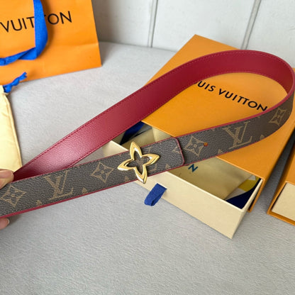 LV Flowergram 30mm Reversible Belt Gold Buckle Burgundy Brown Leather