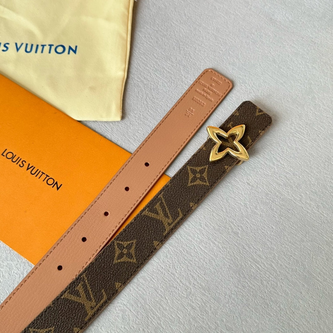 LV  MINI FLOWERGRAM 30MM REVERSIBLE BELT IN BUFF BROWN CALFSKIN GOLD HARDWARE