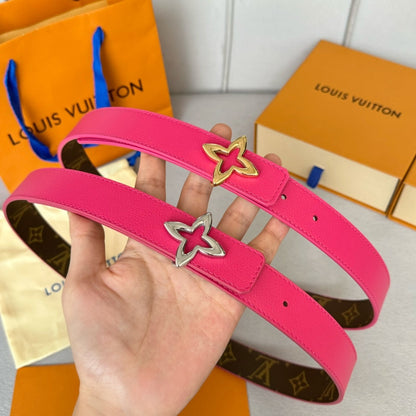 LV Flowergram 30mm Reversible Belt Silver Buckle Hot Pink Brown Leather