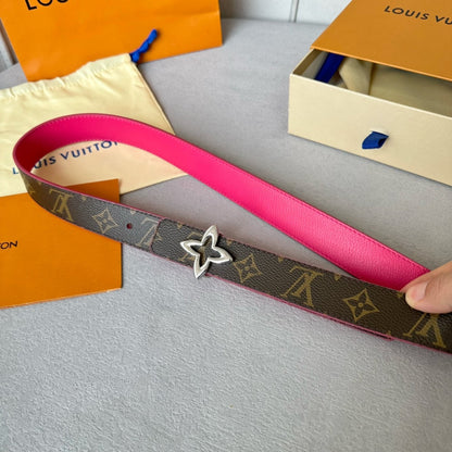 LV Flowergram 30mm Reversible Belt Silver Buckle Hot Pink Brown Leather