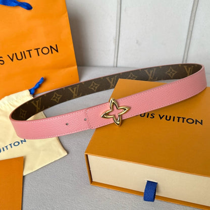 LV Flowergram 30mm Reversible Belt Gold Buckle Pink Brown Leather