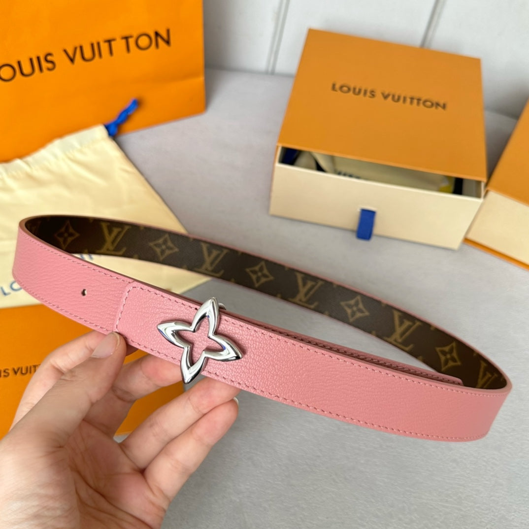 LV Flowergram 30mm Reversible Belt Silver Buckle Pink Brown Leather
