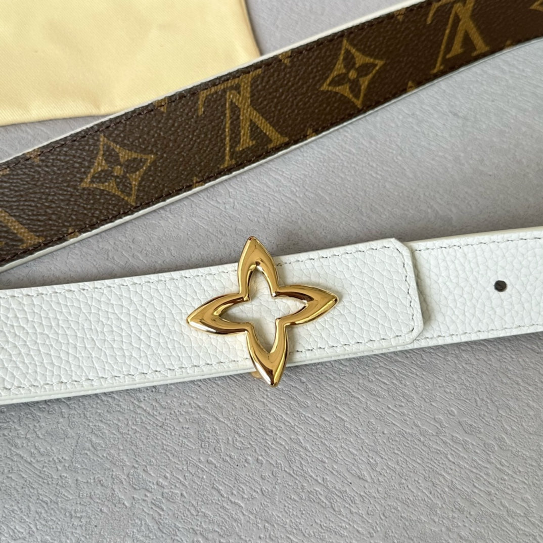 LV  MINI FLOWERGRAM 30MM REVERSIBLE BELT IN WHITE CALFSKIN GOLD HARDWARE