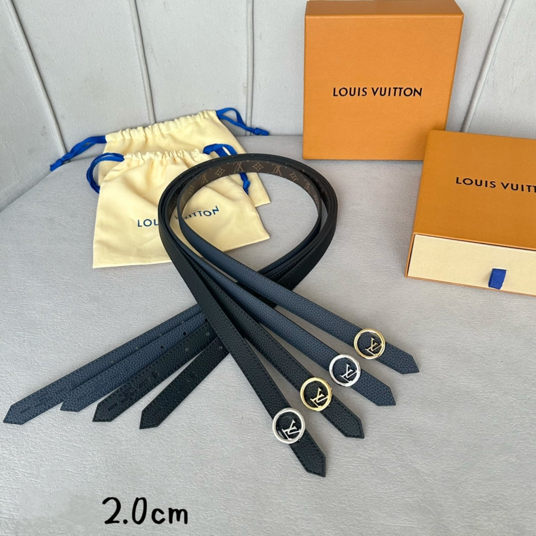 LV Circle 20mm Reversible Belt Silver Buckle Navy Blue Brown Leather